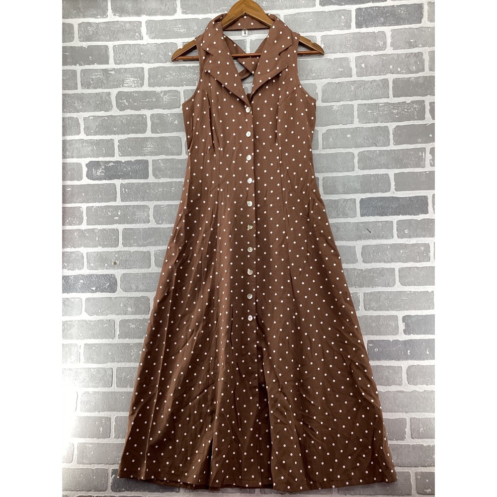 Dressbarn Vintage Polka Dot Midi Dress Brown White Button Front Sleeveless 6